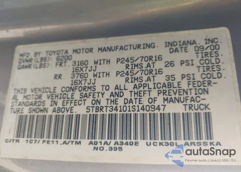 2001 Toyota Tundra Sr5 V8 из США, поврежденный, VIN 5TBRT34101S140947